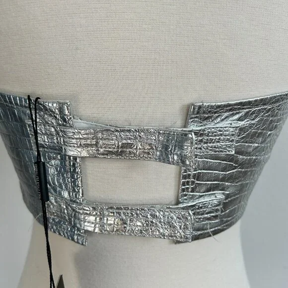 Pretty Little Things Bralette Silver Metallic Croc Halter Bustier NWT - Picture 4 of 12